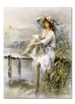 Afbeelding Bedachtzame vrouw aan een idyllisch meer van kunstenaar Willem Haenraets 