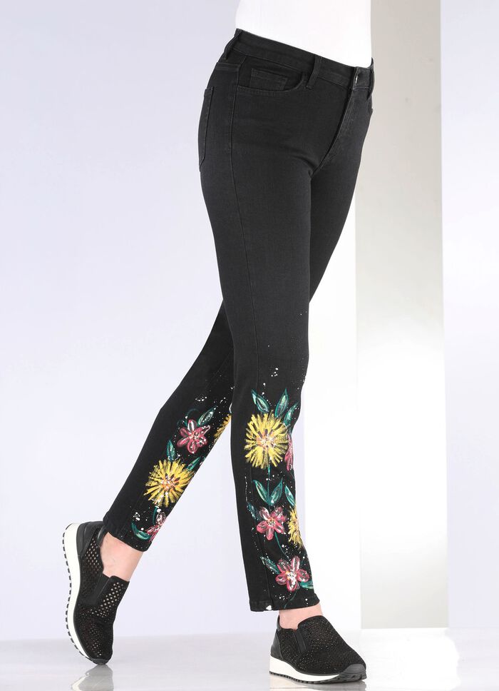 Jeans met handgeschilderde bloemmotieven 