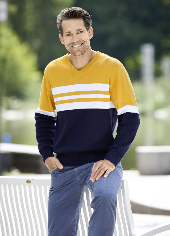 Modieuze V-hals trui MARINE-OCKER-WEISS