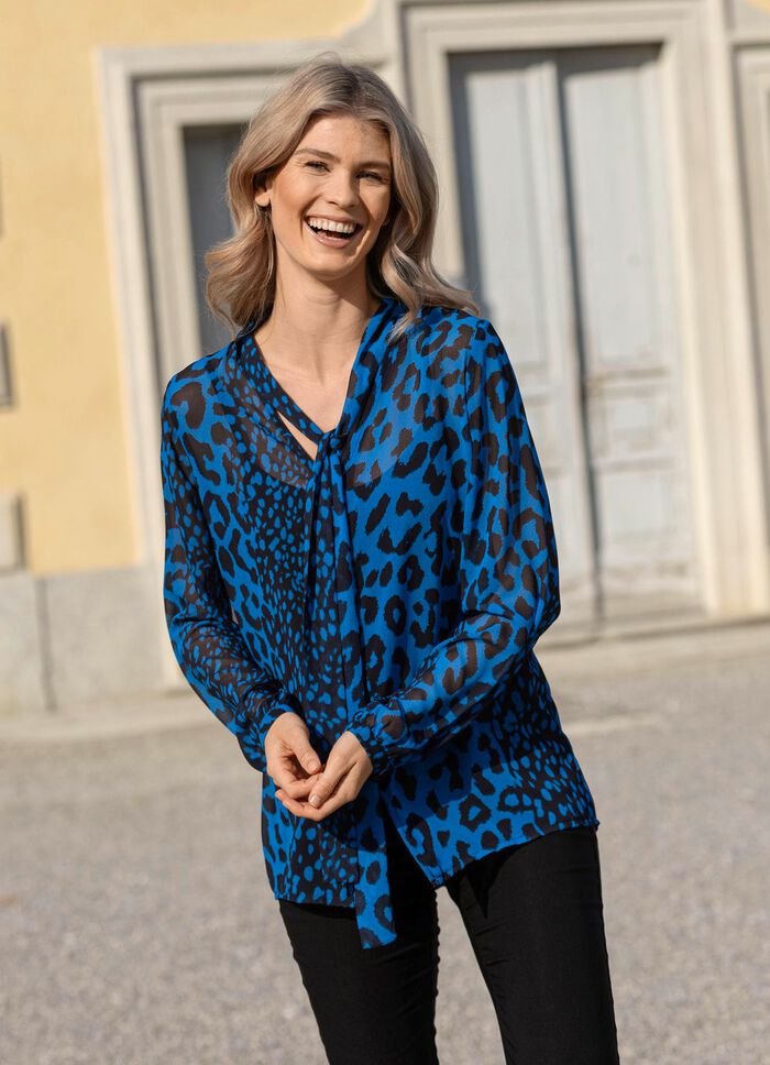 Blouse met stropdas in 2 kleuren BLAUW-ZWART