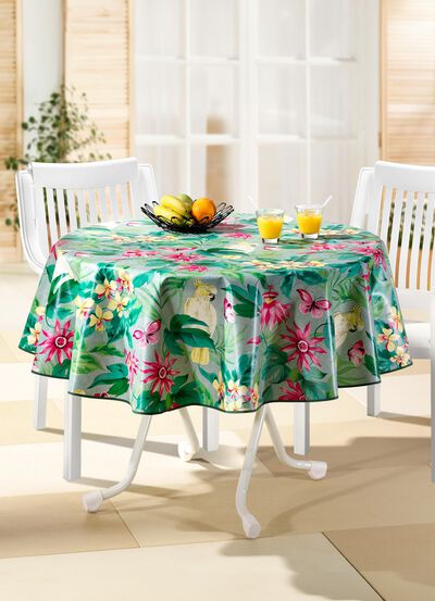 Gewaxt tafelkleed met bijpassende kleur biaisband 