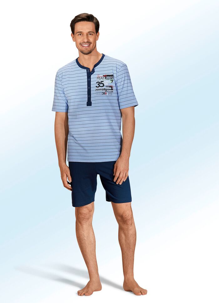 Set van twee shortama&lsquo;s met lange knoopsluiting, in het garen gekleurd streepjesmotief en print 