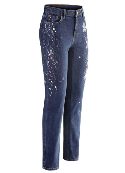 Jeans met handgeschilderde bloemmotieven 