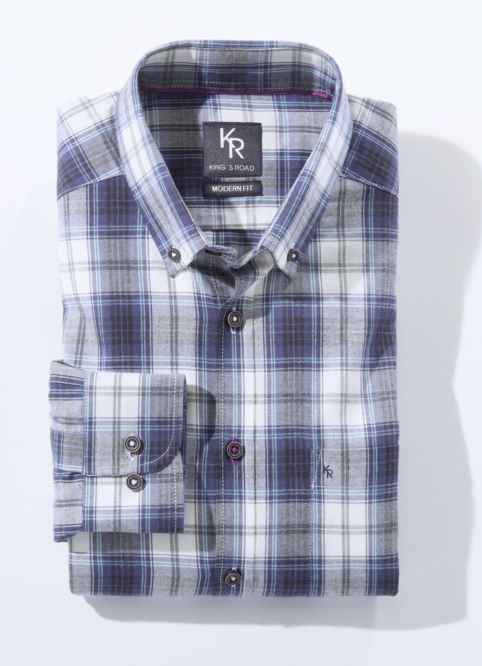 Overhemd van "King's Road" met button-down kraag in 3 kleuren DONKER PAARS ECRU GERUIT