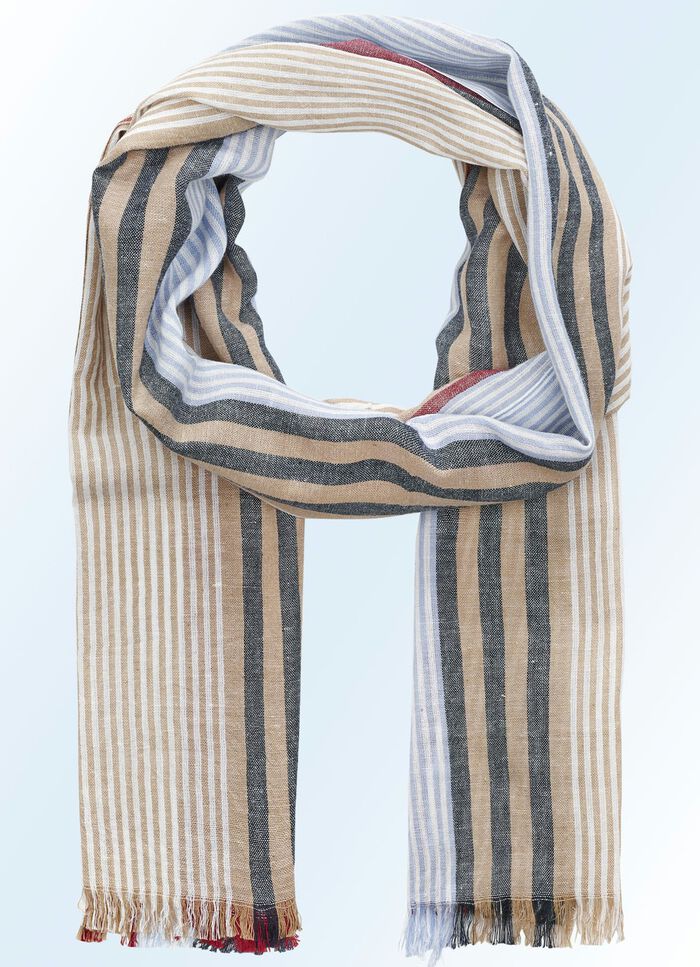 Modieuze crinkle sjaal van puur katoen BLEU-BORDEAUX-RIETKLEUR-WIT GESTREEPT
