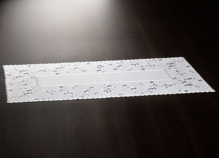 Geborduurde tafel- en kamerdecoratie met bloemenrand WOLLWEISS-GRAU