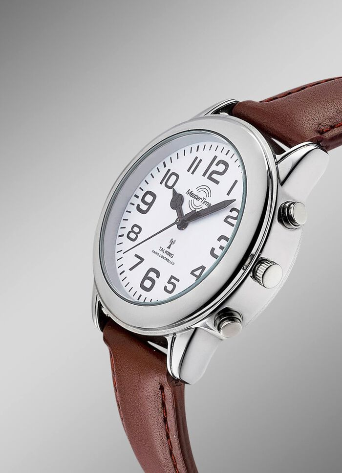 Radiogestuurd herenhorloge met leren band en spreektijdaanduiding 
