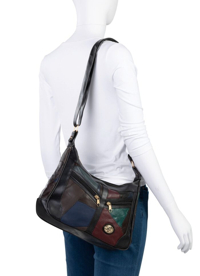 Patchworktas van nappaleer met synthetische inzetstukken ZWART-MEERKLEURIG