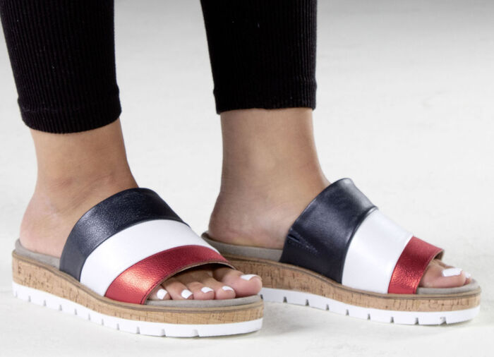 ELENA EDEN, comfortabele damesmuiltjes, breedte G, met uitneembaar voetbed BLAUW-WIT-ROOD