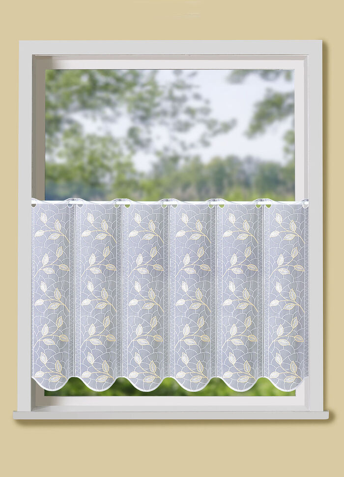 Kort gordijn met filigraan geborduurd bladmotief 