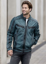 Kort leren jack met decoratieve stiksels 