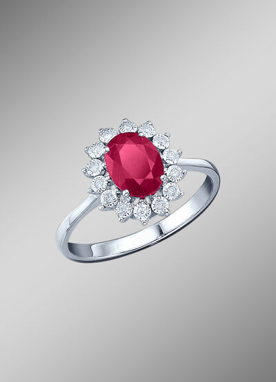 Majestueuze damesring met diamanten en echte robijn 