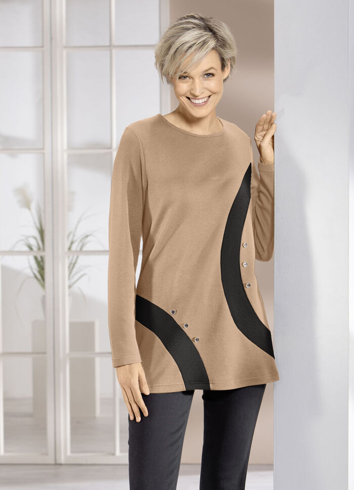 Sweatshirt met contrasterende inzetstukken in 2 kleuren KAMEEL ZWART
