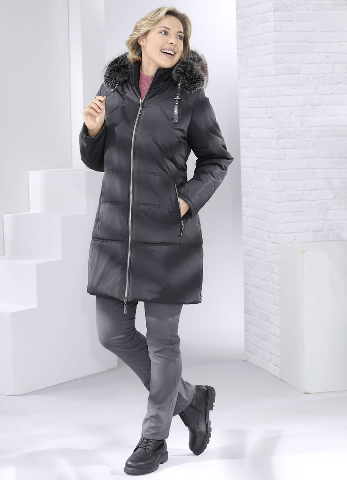 Korte jas met afneembare imitatiebontrand ZWART