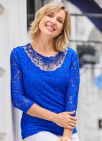 Kanten shirt met tule inzetstuk ROYALBLAU