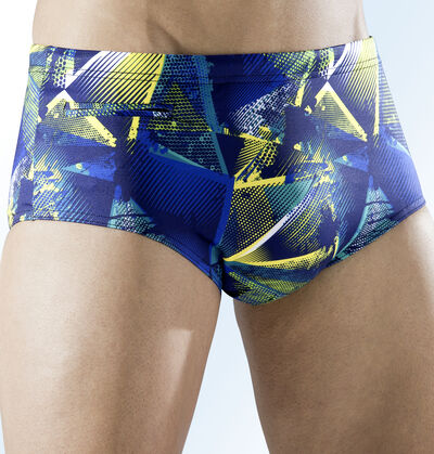 Zwembroek in hoge slipvorm met multicolor print 
