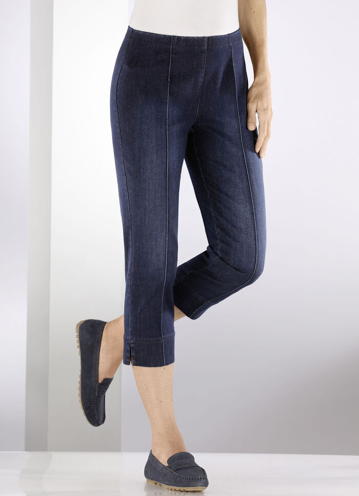 Capri-jeans met elastische plooien DUNKELBLAU