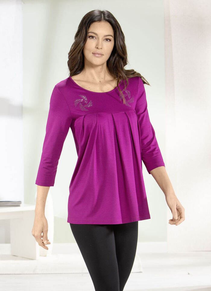 Lang shirt met decoratieve platen in 3 kleuren FUCHSIË