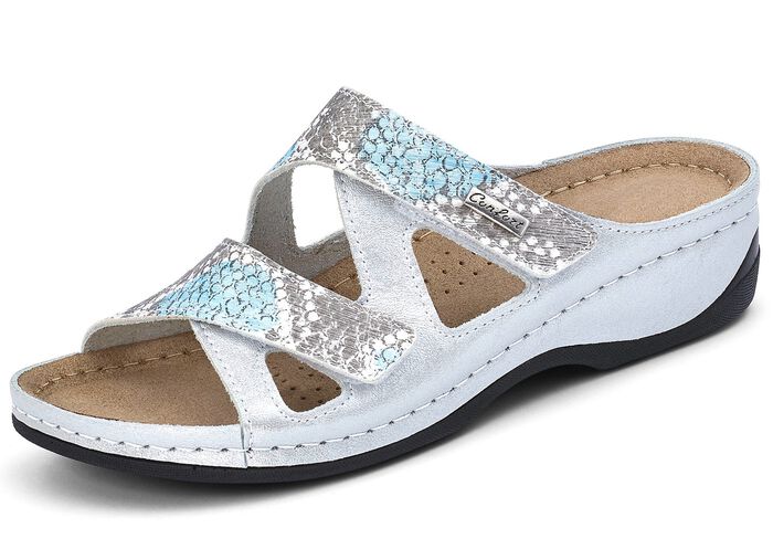 ELENA EDEN, comfortabele damesmuiltjes, breedte G, met klittenbandsluiting ZILVER-TURKOOIS