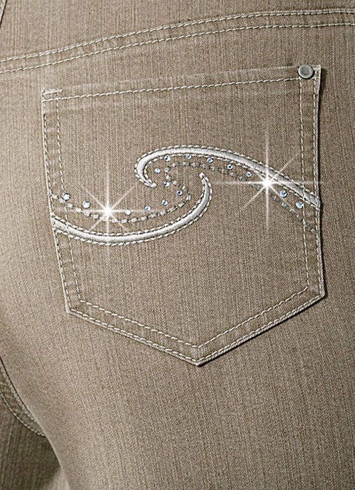 Comfortjeans versierd met strassteentjes in 6 kleuren ZAND