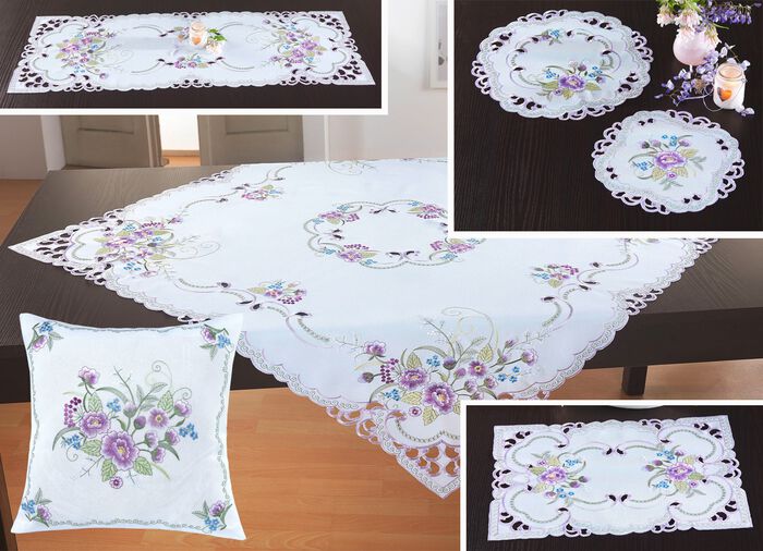 Tafelkleed of kussenhoes met bloemborduurwerk WIT-MULTICOLOR