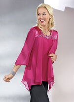 2-delige bloes met glanzende satijnen boorden FUCHSIA