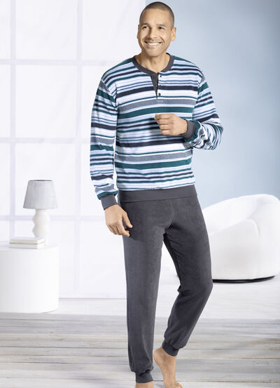 Pyjama van badstof-stretch, met knoopsluiting en manchetten 