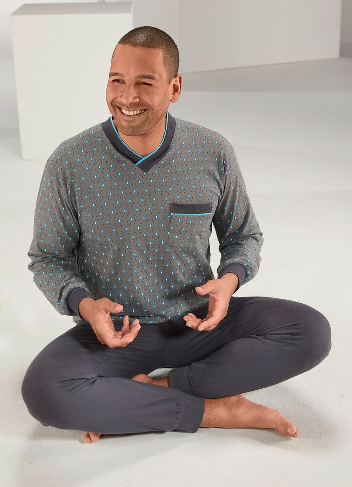 Pyjama met V-hals, borstzak en manchetten en beenmanchetten 