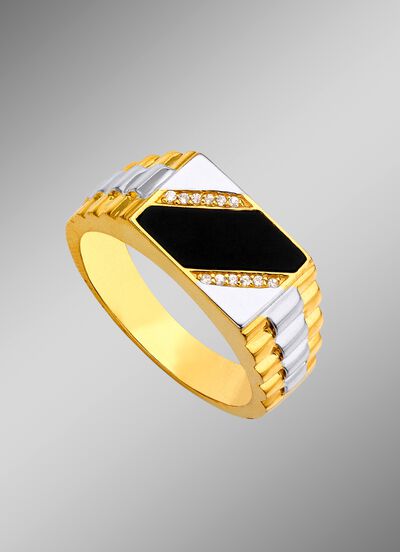 Herenring in bicolor met zirkonia en echte onyx 