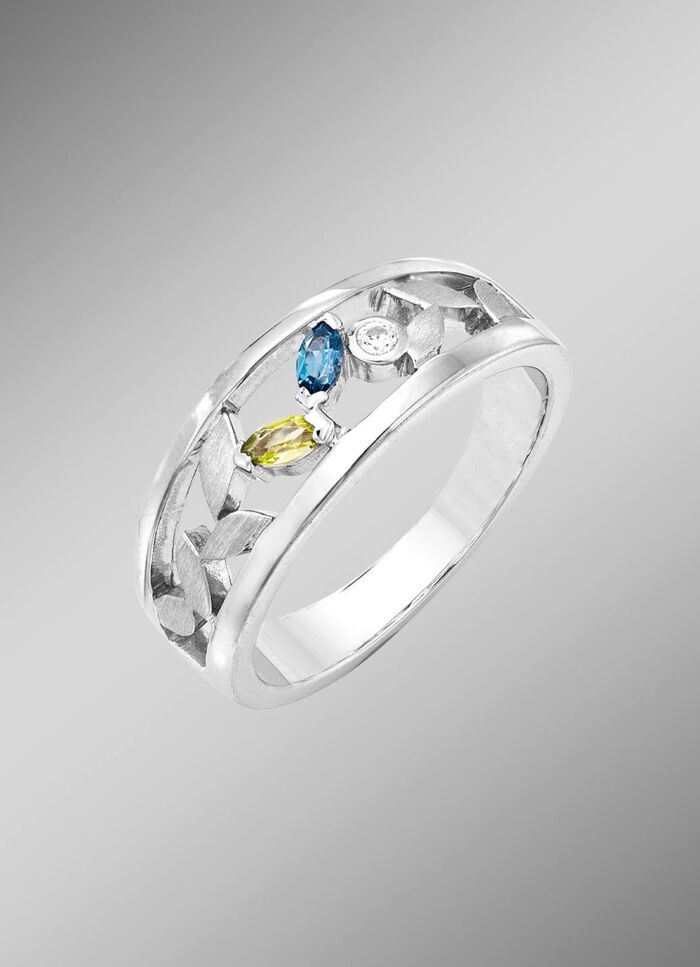 Damesring met echte peridoot, blauwe topaas, bewerkt en synthetische zirkonia 