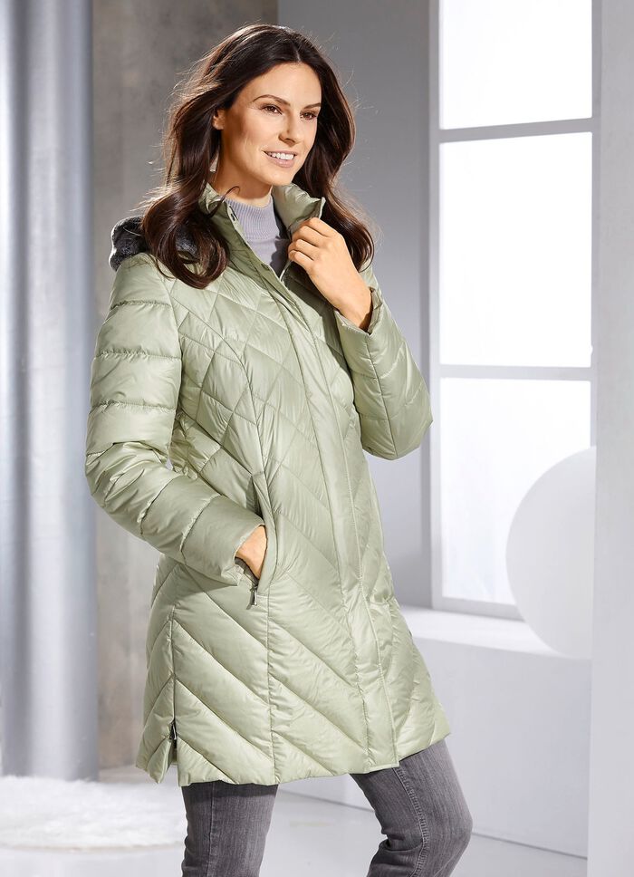 Korte donsjas met afneembare capuchon RIETGROEN