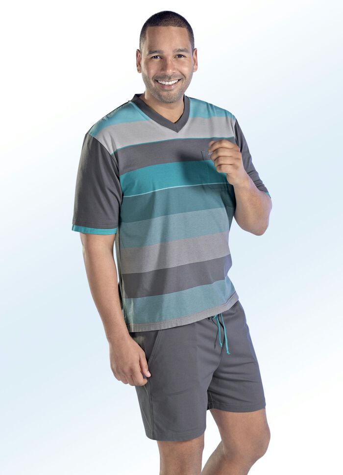 Hajo Klima comfort shorty met V-hals en garengeverfd gestreept dessin GRIJS-TURQUOISE