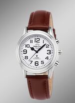 Radiogestuurd dameshorloge met leren band en spreektijdaanduiding 