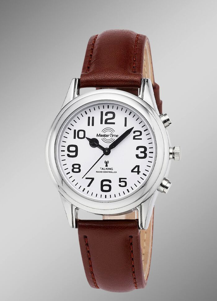 Radiogestuurd dameshorloge met leren band en spreektijdaanduiding 