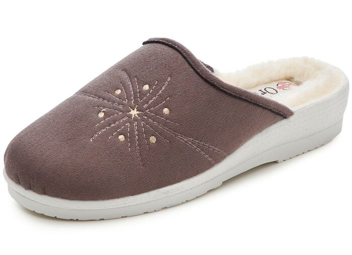 Tweepak warme damespantoffels, breedte H, met wol TAUPE+DONKERBLAUW