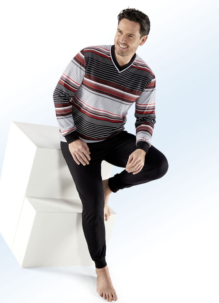 Pyjama met gestreept dessin, V-hals en borstzak ZWART-ROOD-GRIJS
