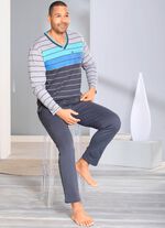 Hajo ademende comfort pyjama met V-hals en in het garen geverfd streepdesign 