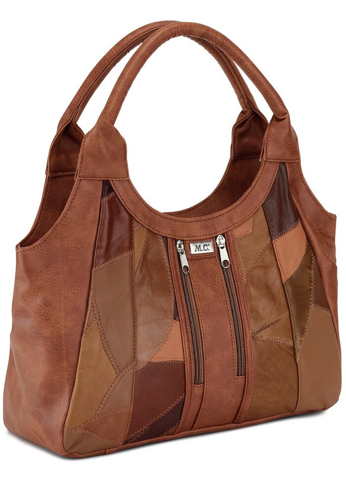 Nappaleer tas met patchwork COGNAC