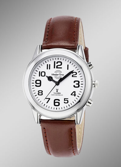 Radiogestuurd herenhorloge met leren band en spreektijdaanduiding 