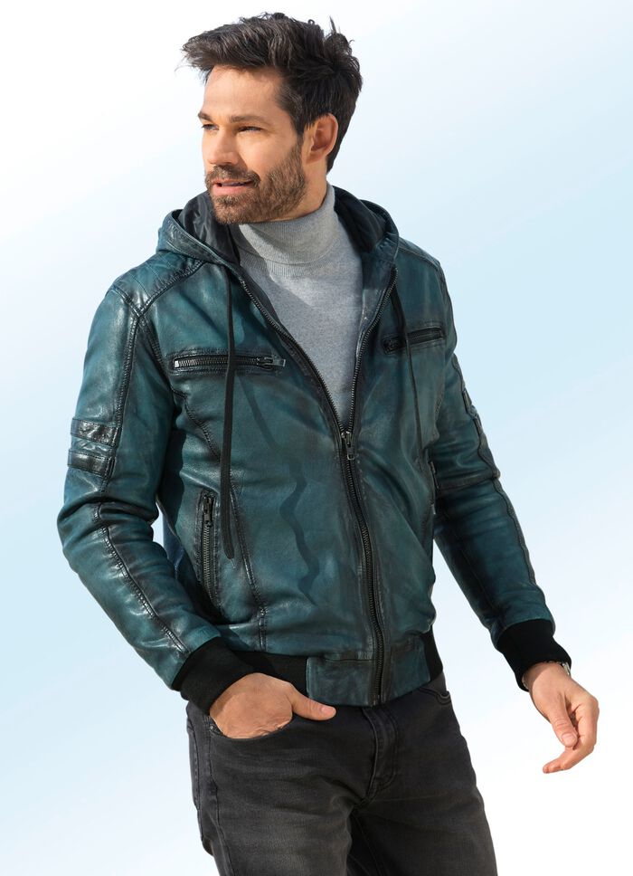 Leren blouson met vaste capuchon 