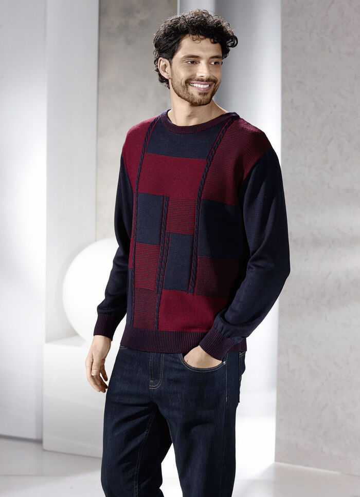 Ronde hals trui in 2 kleuren BORDEAUX-MARINE GEMÊLEERD