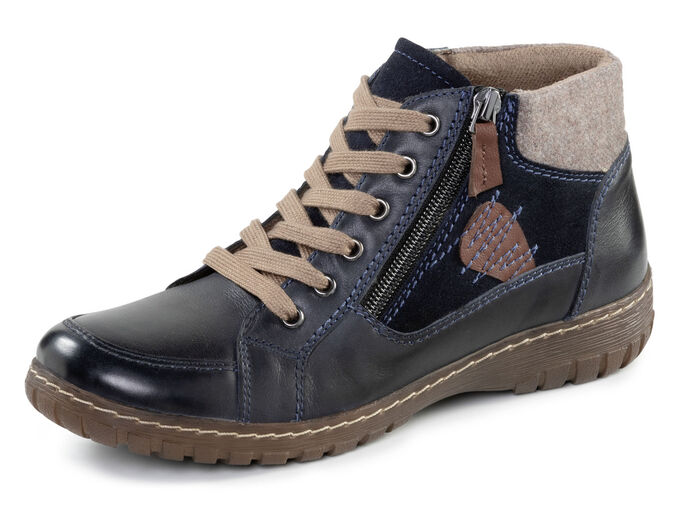 ELENA EDEN veterbootie gemaakt van een mix van leer en materialen DUNKELBLAU-BRAUN