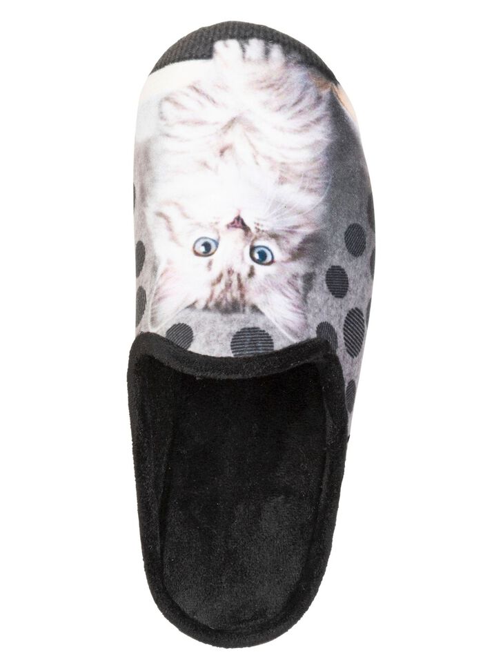 Laurina, klassieke damespantoffels, met kattenmotief ZWART-MULTICOLOR