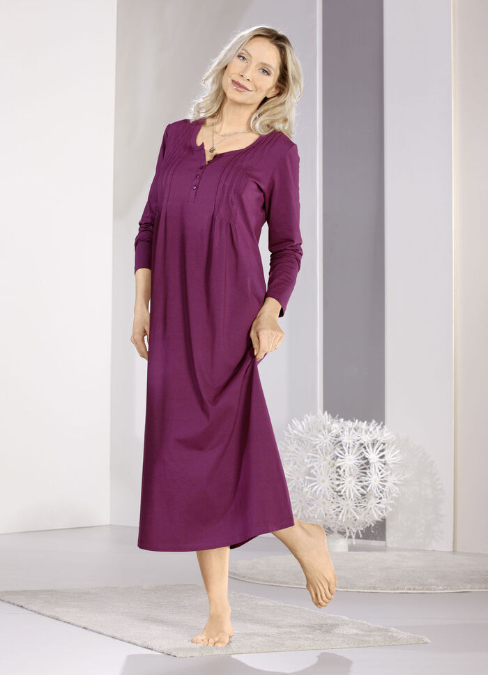 Nachthemd, lange mouw met bies en knoopsluiting BORDEAUX