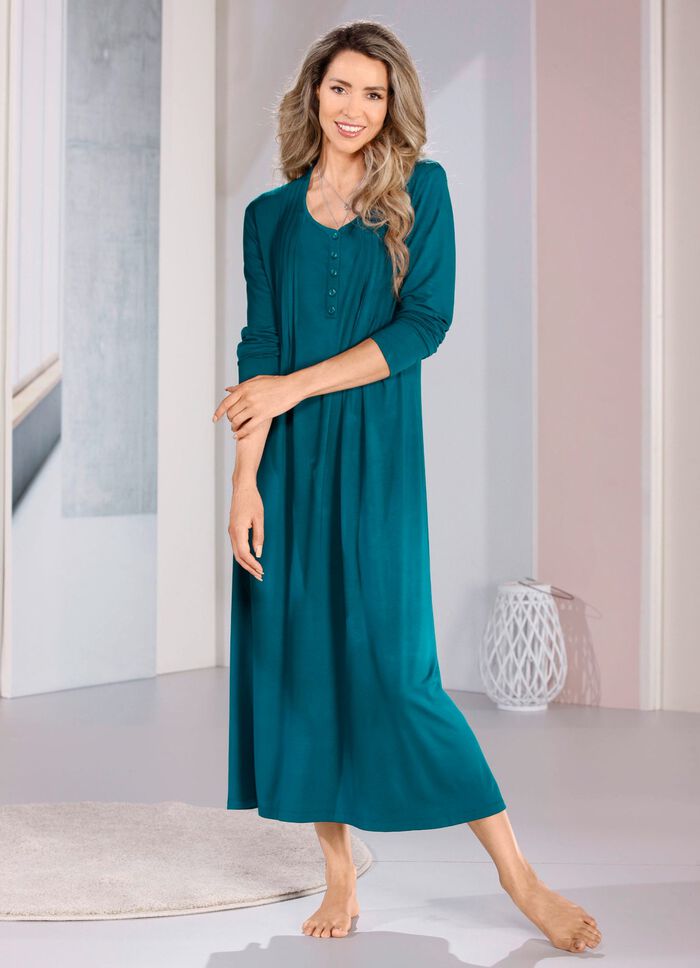 Nachthemd, lange mouw met bies en knoopsluiting 