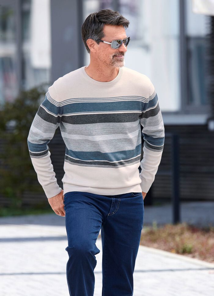 Trui met ronde hals NATUURGRIJS-JEANSBLAUW GESTREEPT