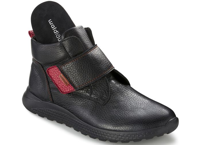 Waldl&auml;ufer, comfortabele dames enkellaarsjes, breedte H, met uitneembaar voetbed ZWART-ROOD