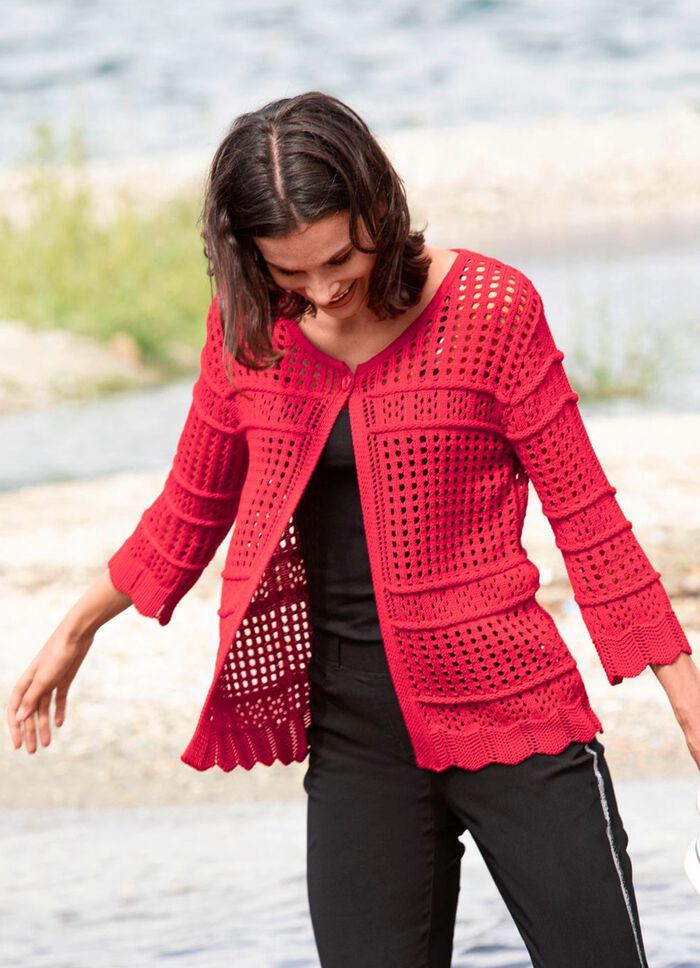 Cardigan met opengewerkt patroon ROOD