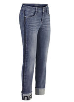 Jeans met franjezoom en opschrift op één been 