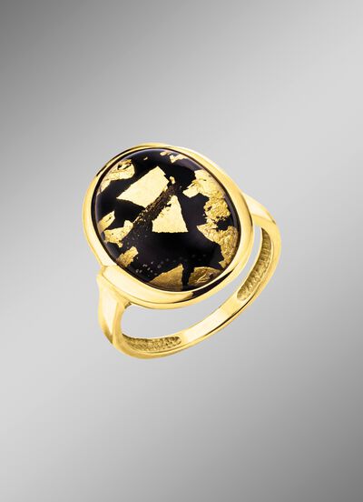 Uniek: Damesring met onyx, bewerkt en bergkristal met bladgouden triplet 